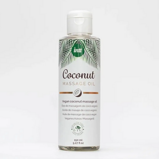 Coconut massage oil bottle with palm leaf design on a white background