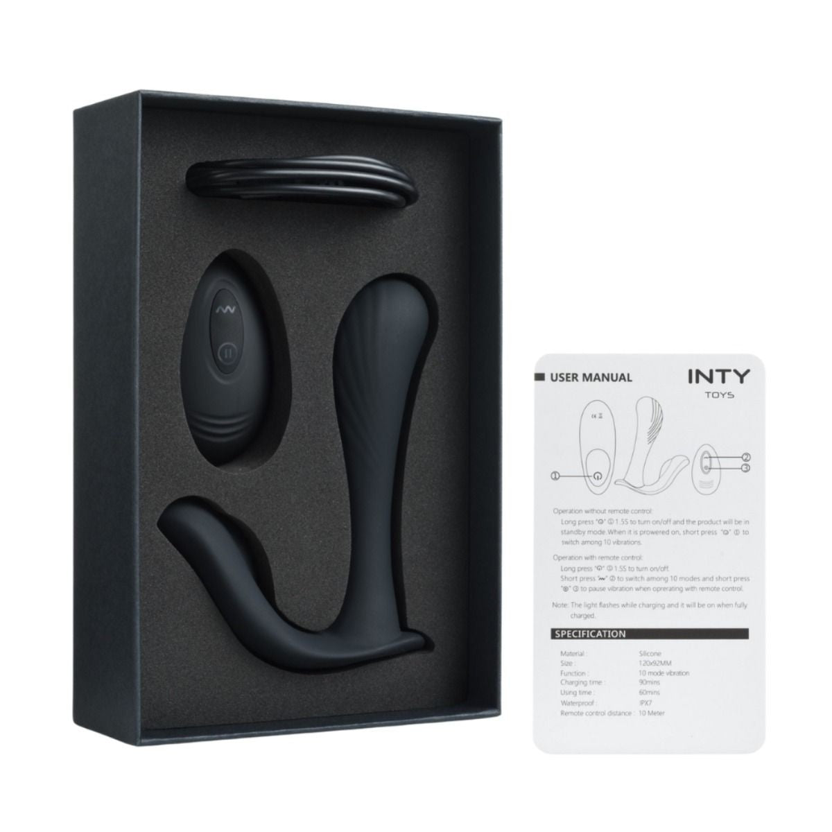Black electronic device in packaging with user manual on a white background