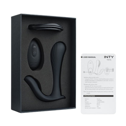 Black electronic device in packaging with user manual on a white background