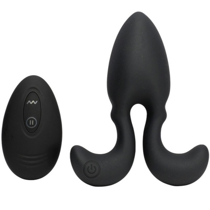 Black silicone butt plugs with remote control buttons on a white background