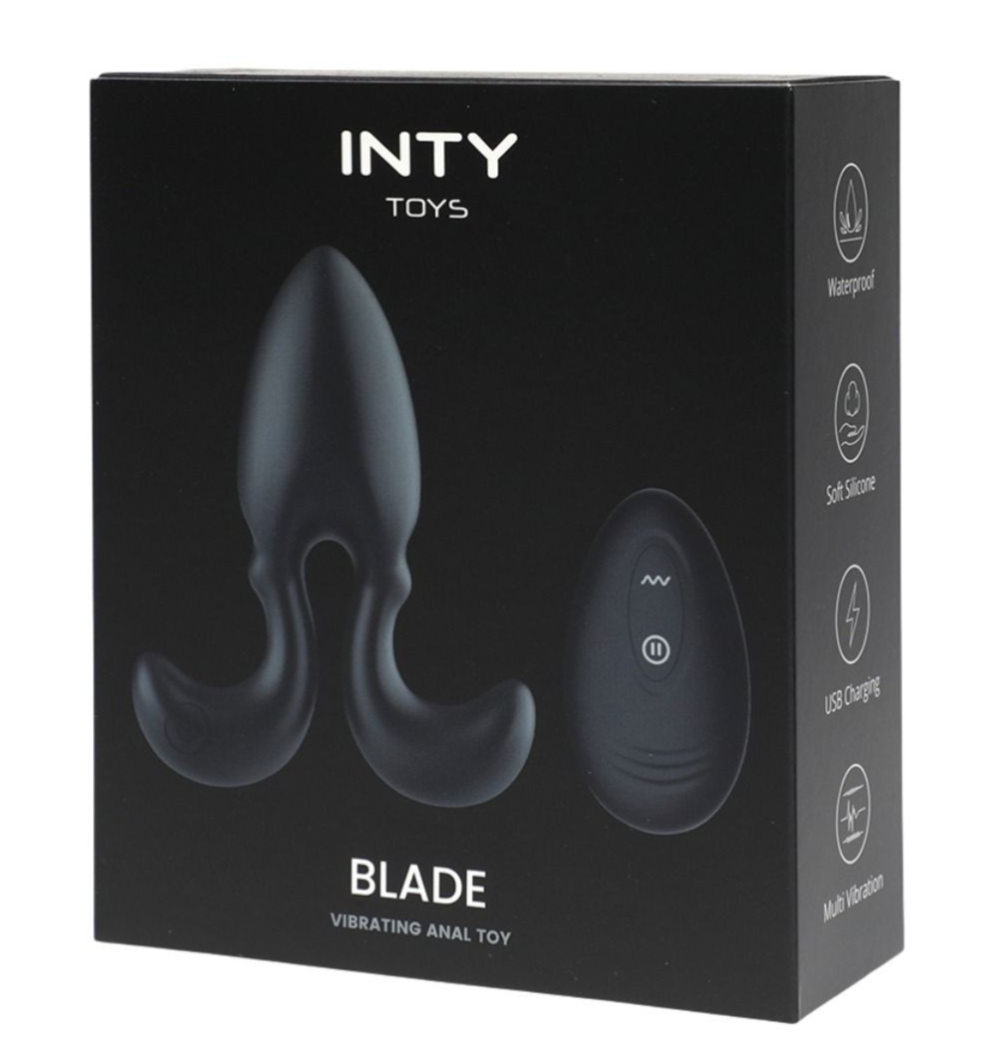 Box of INTY TOYS Blade vibrating anal toy on a white background