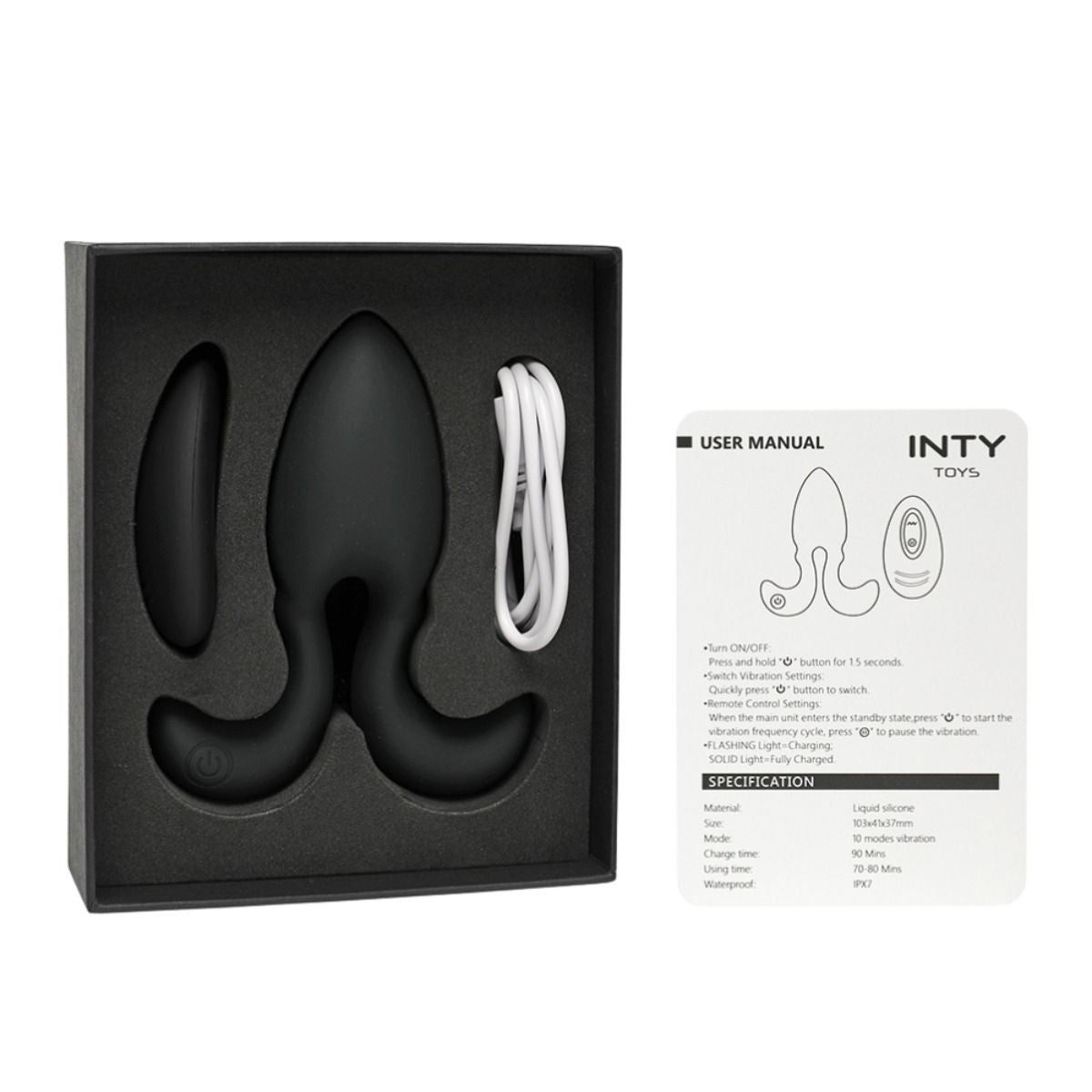 Black silicone product in packaging with a user manual and cable on a white background
