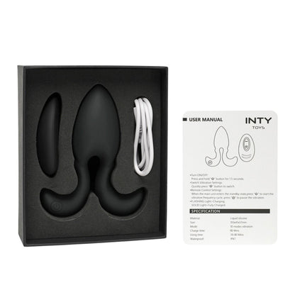 Black silicone product in packaging with a user manual and cable on a white background