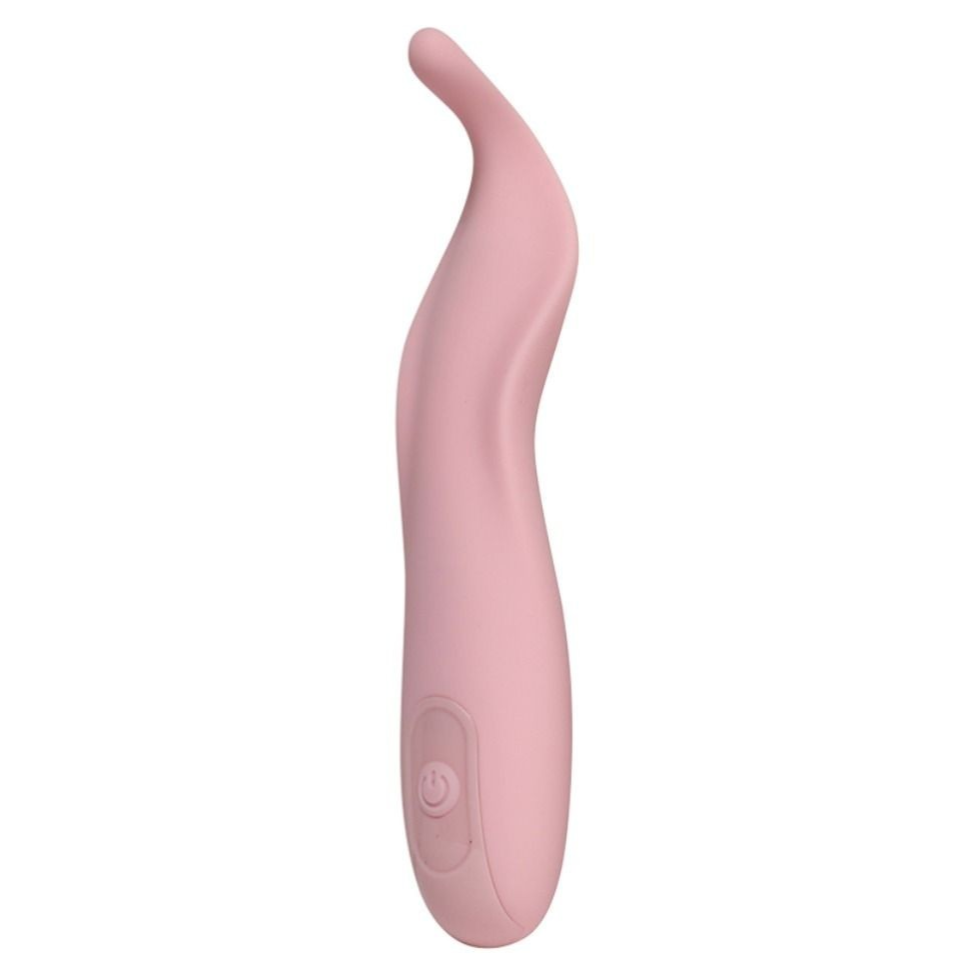 Pink curved electronic vibrator on a white background