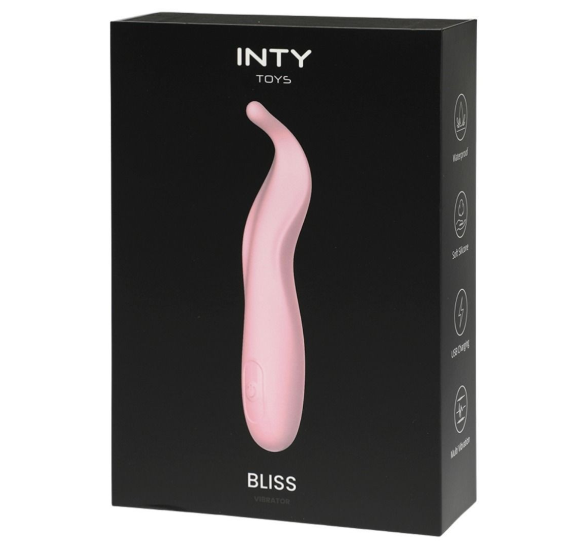 Black box with a pink toy labeled 'INTY TOYS Bliss' on a white background
