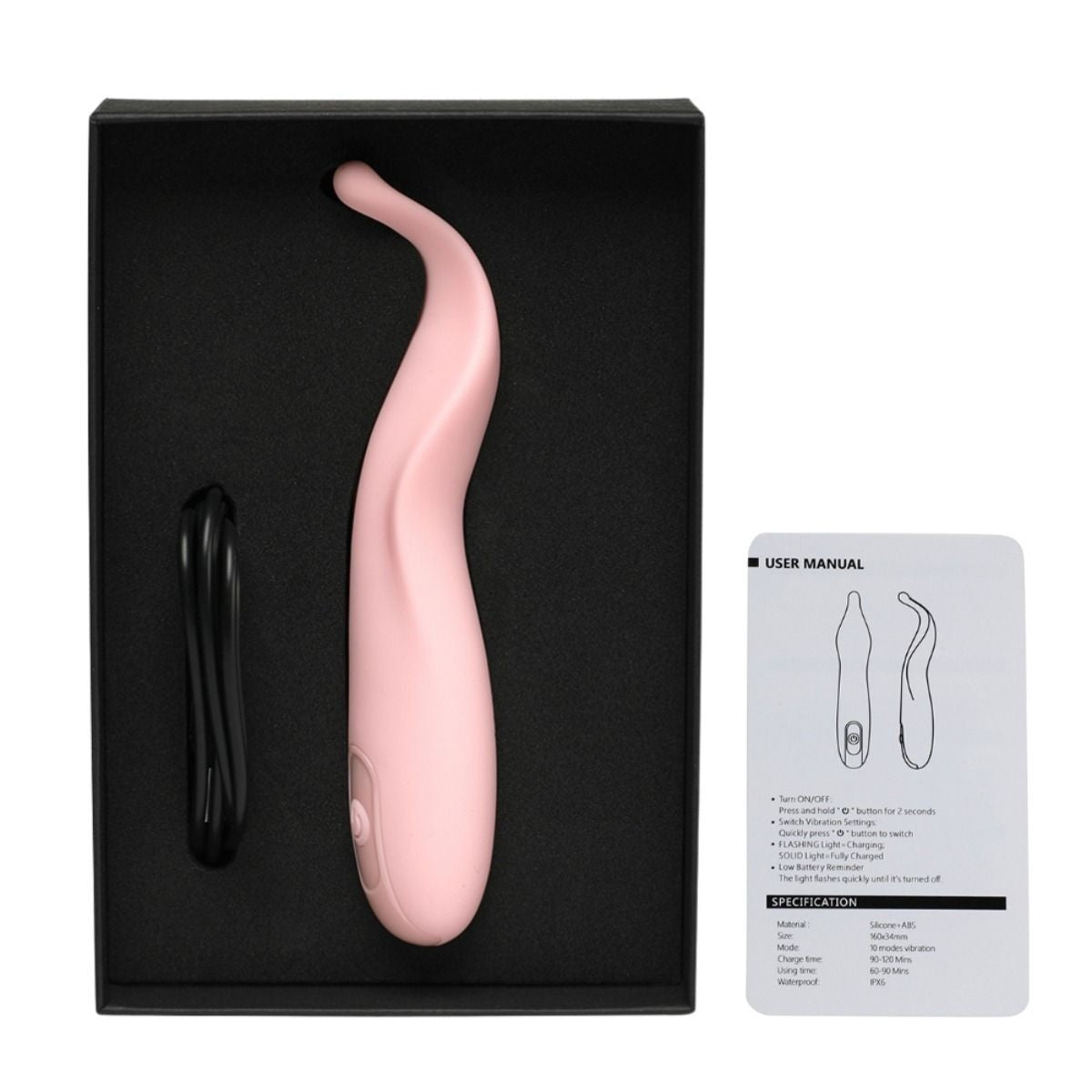 Pink electronic device with black cable and user manual on a white background