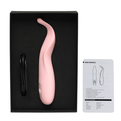 Pink electronic device with black cable and user manual on a white background