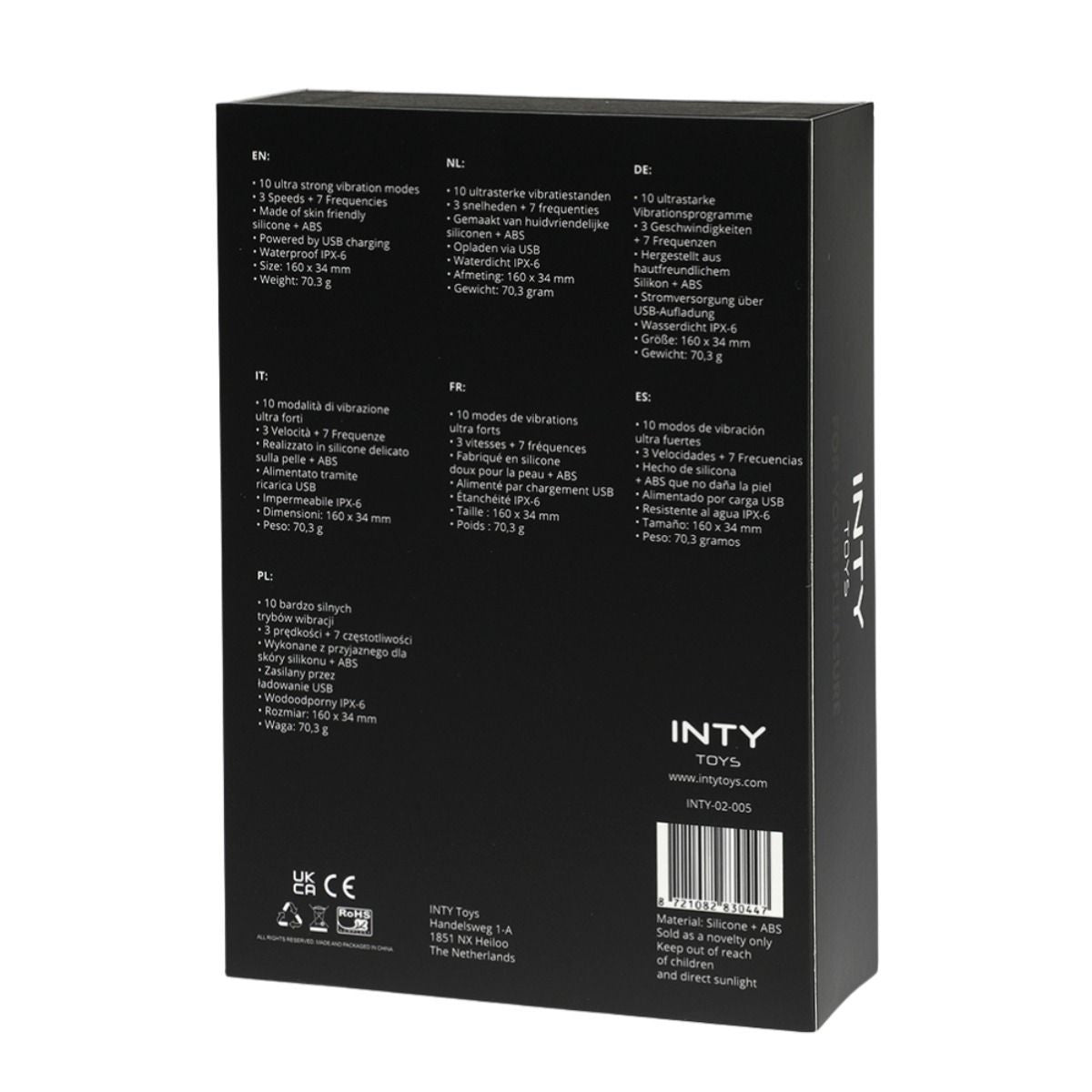 Black packaging box with text and branding on a white background