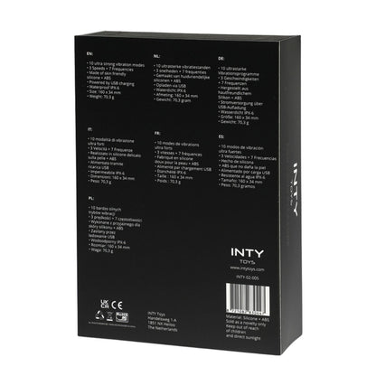 Black packaging box with text and branding on a white background