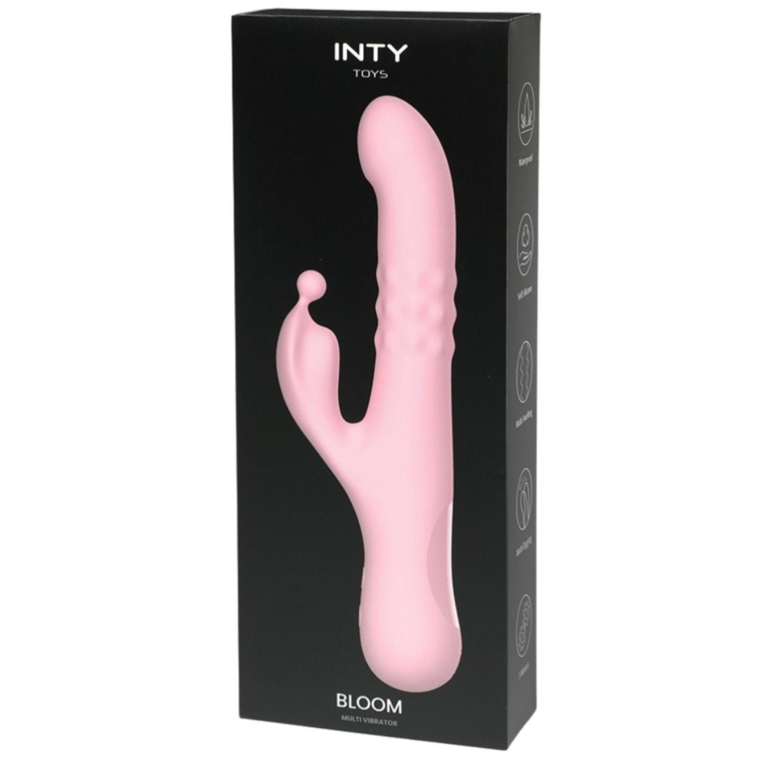 Pink vibrator with 'INTY TOYS' branding on a black box