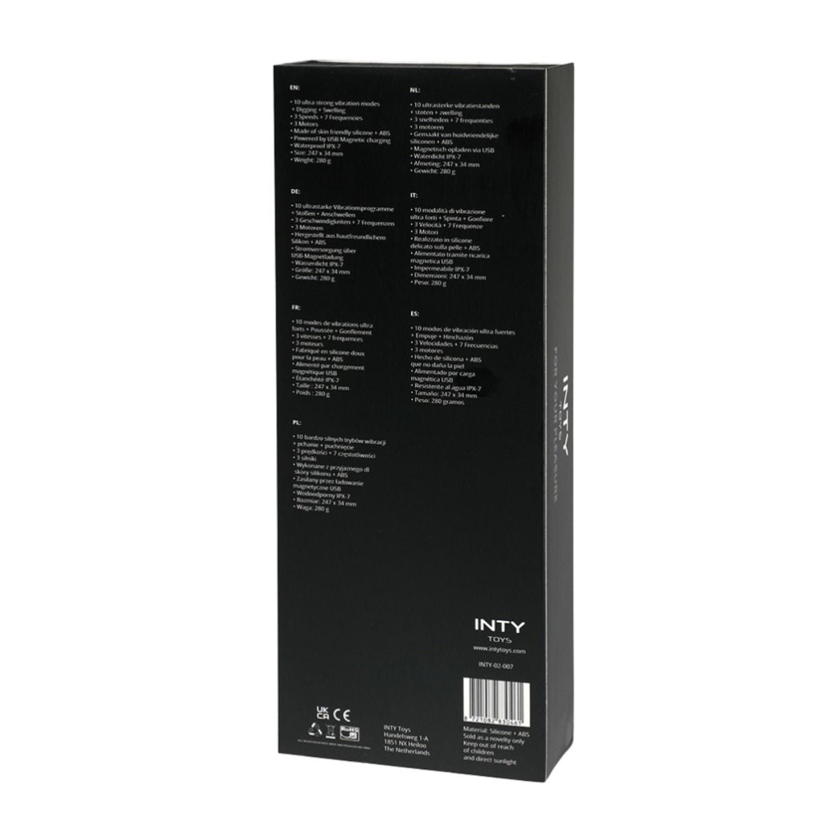 Black rectangular product packaging with text and branding on a white background