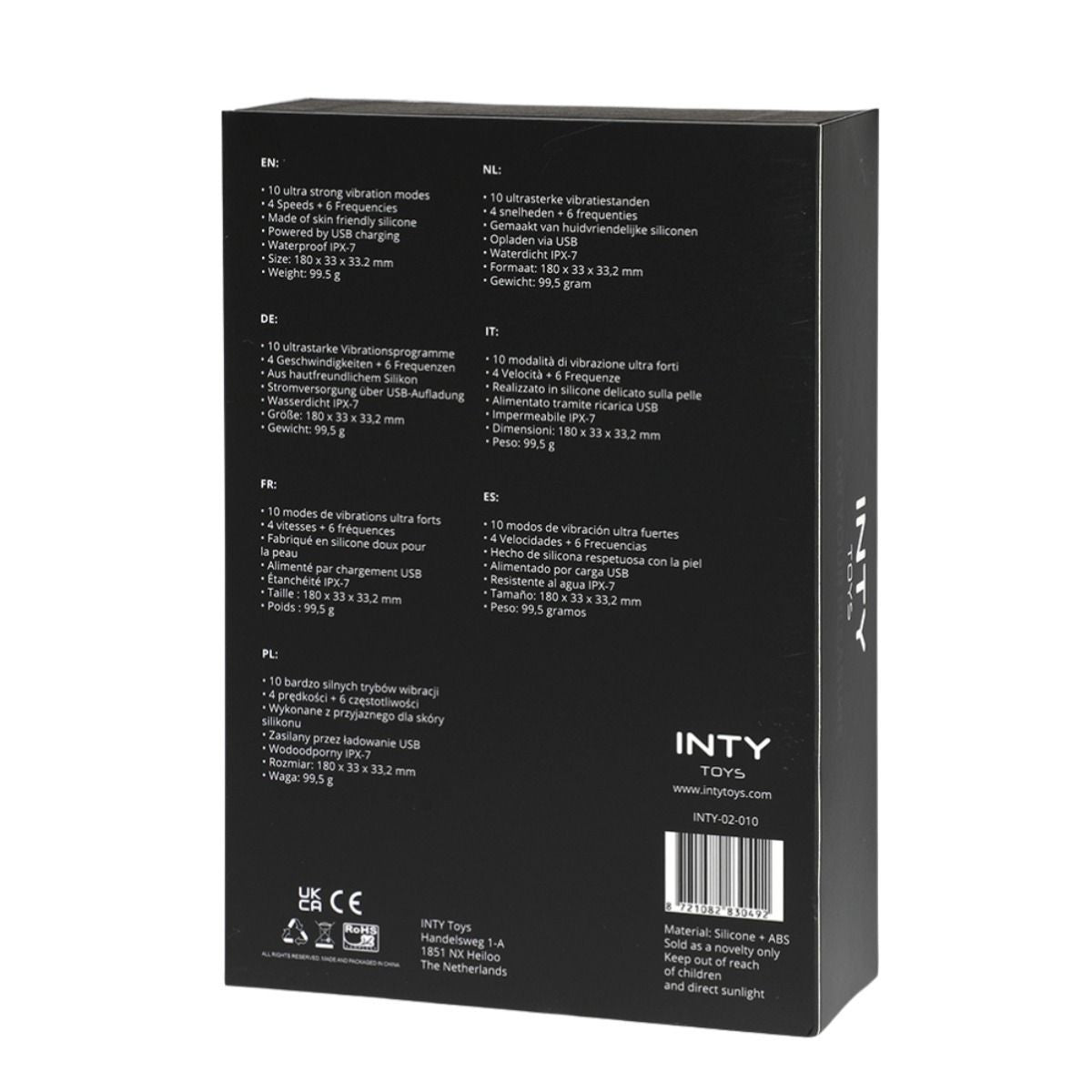 Black packaging box with text and branding on a white background
