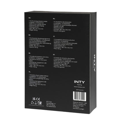 Black packaging box with text and branding on a white background