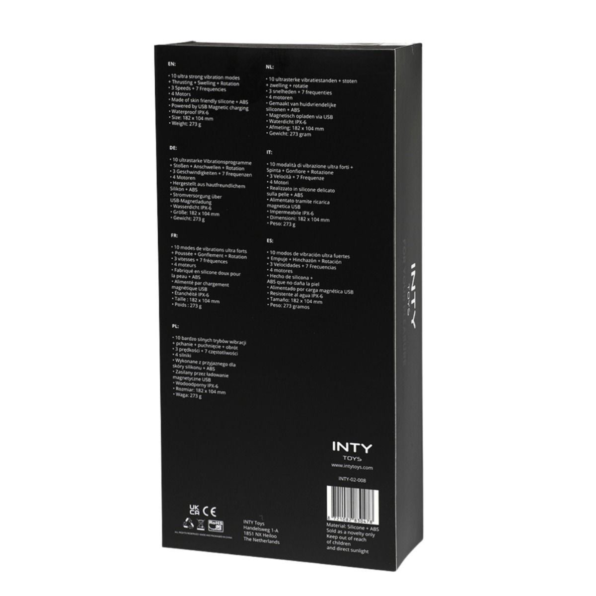 Black product packaging with text and branding on a white background