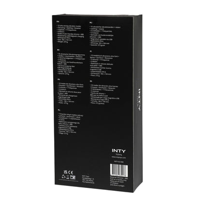 Black product packaging with text and branding on a white background