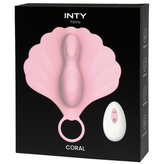 Box of INTY Toys in coral color with product illustration on a black background