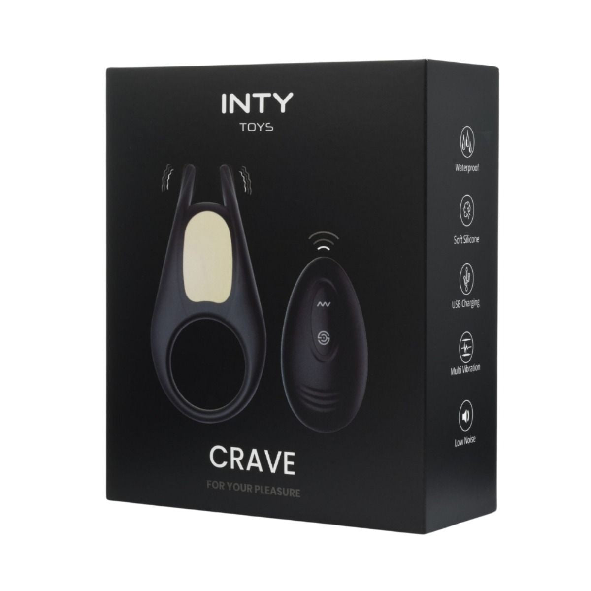 Black packaging of INTY TOYS Crave with product images and feature icons on a white background
