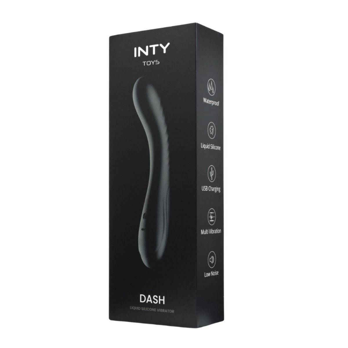 Black packaging of INTY TOYS DASH with product illustration and feature text on a white background