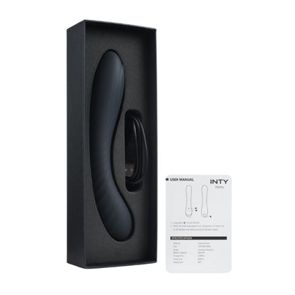 Black electronic device in packaging with user manual on a white background