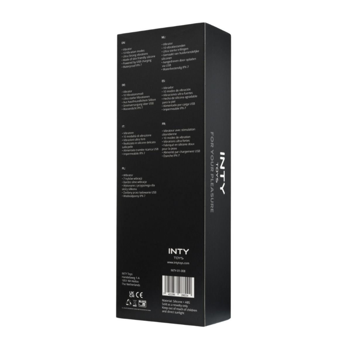 Black packaging box with 'INTY' branding on a white background