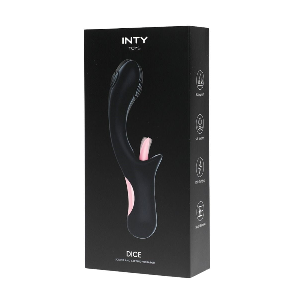 Black packaging of INTY Dice product with pink element on a white background
