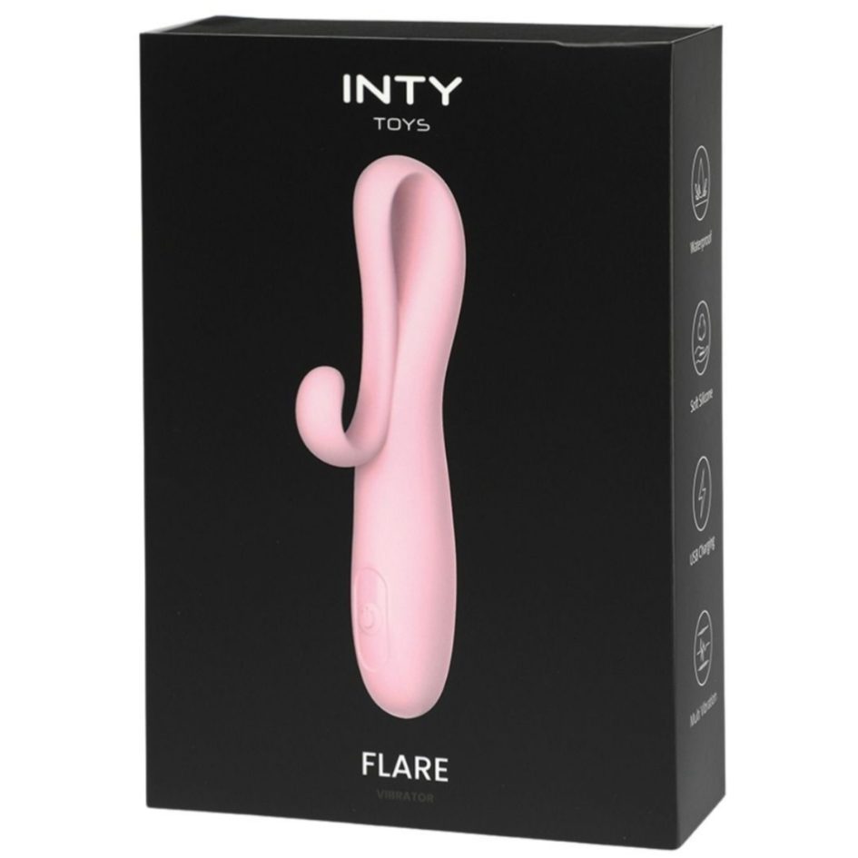 Pink sex toy with 'INTY TOYS' branding on a black box