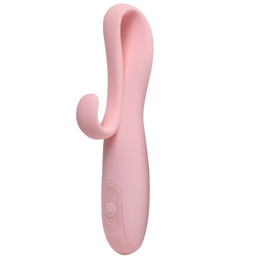 Pink silicone wand with a curved design on a white background