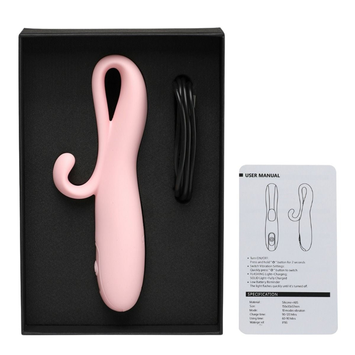 Pink electronic device with black cable and user manual on a white background