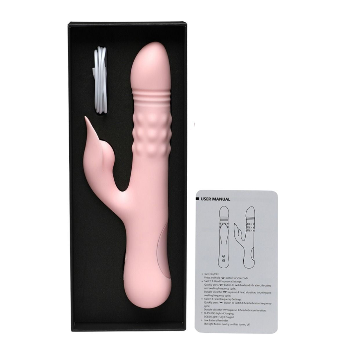 Pink sex toy with packaging and user manual on a white background
