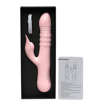 Pink sex toy with packaging and user manual on a white background