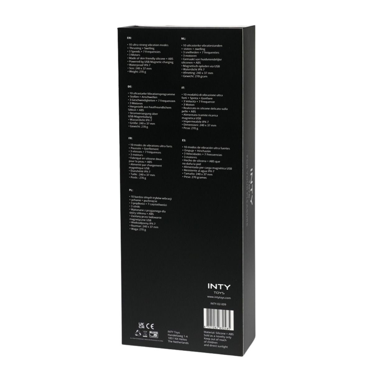 Black packaging box with text and branding on a white background