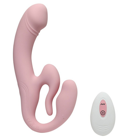 Pink silicone toy with remote control on a white background