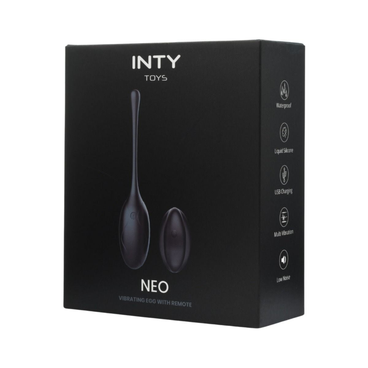 Black packaging of INTY TOYS NEO with product images and features on a white background