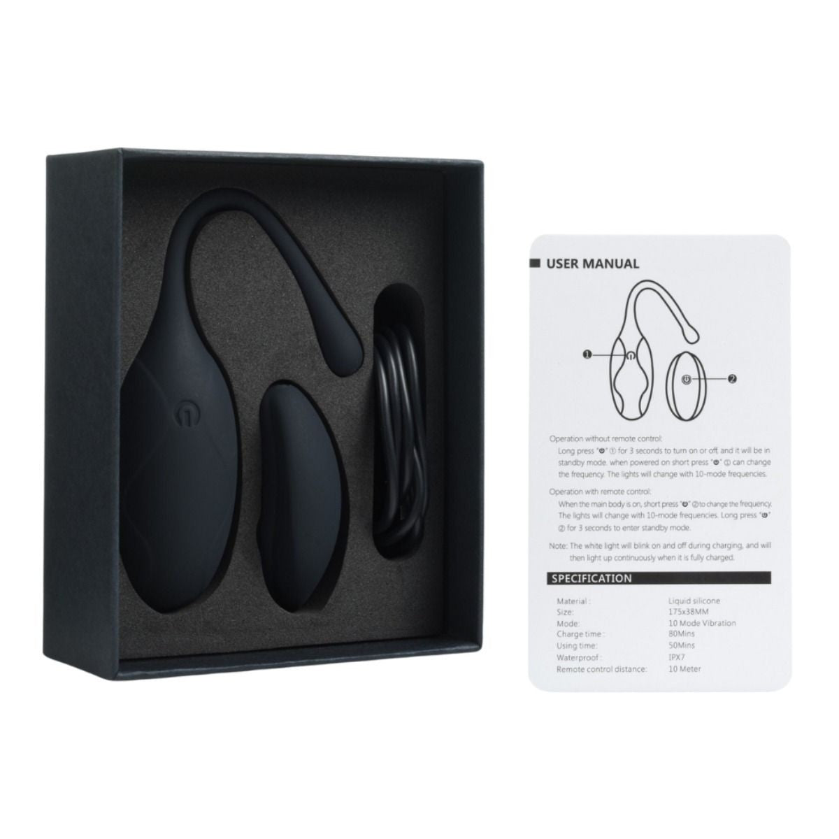 Black electronic device in packaging with user manual on a white background