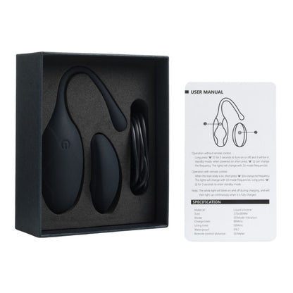 Black electronic device in packaging with user manual on a white background