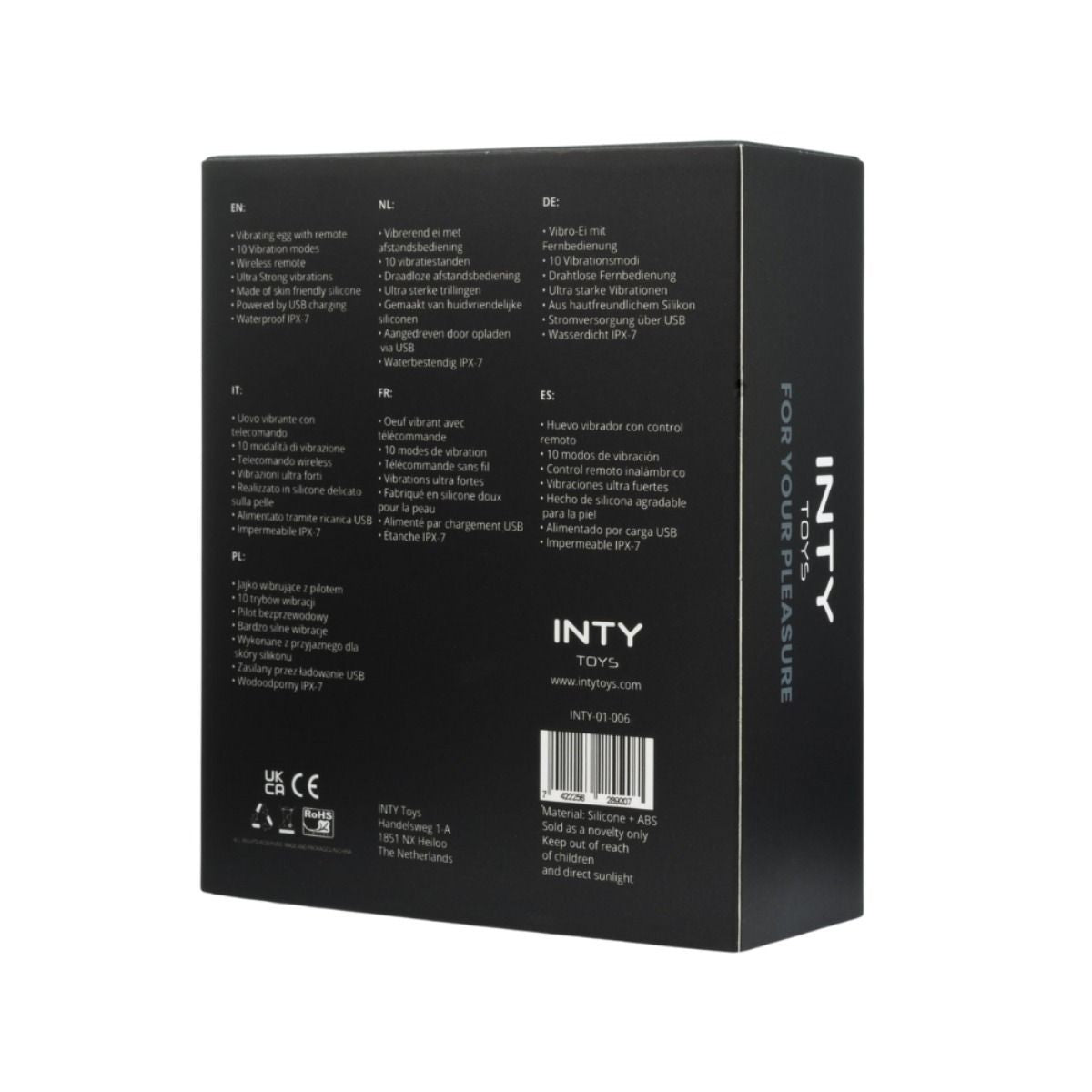 Black packaging box with text and branding on a white background