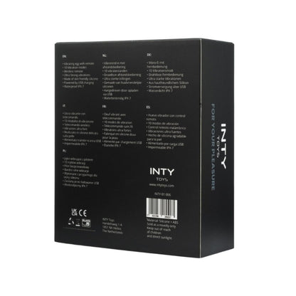 Black packaging box with text and branding on a white background