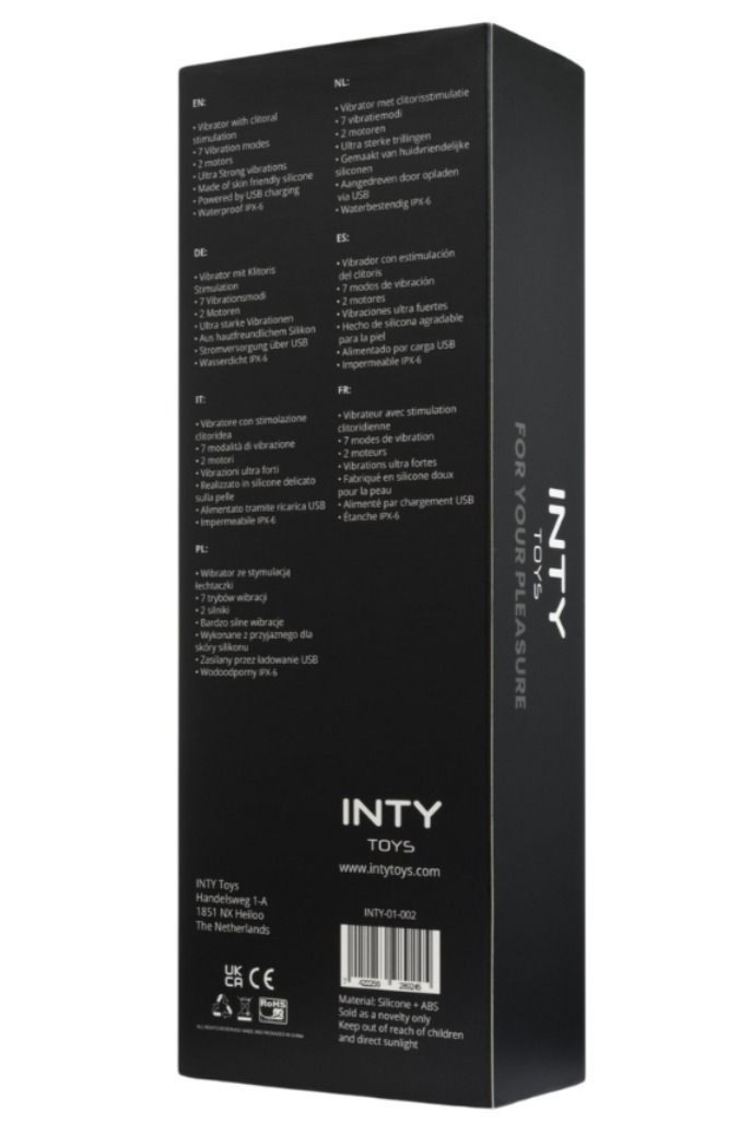 Black packaging box with text and branding for INTY Toys on a white background