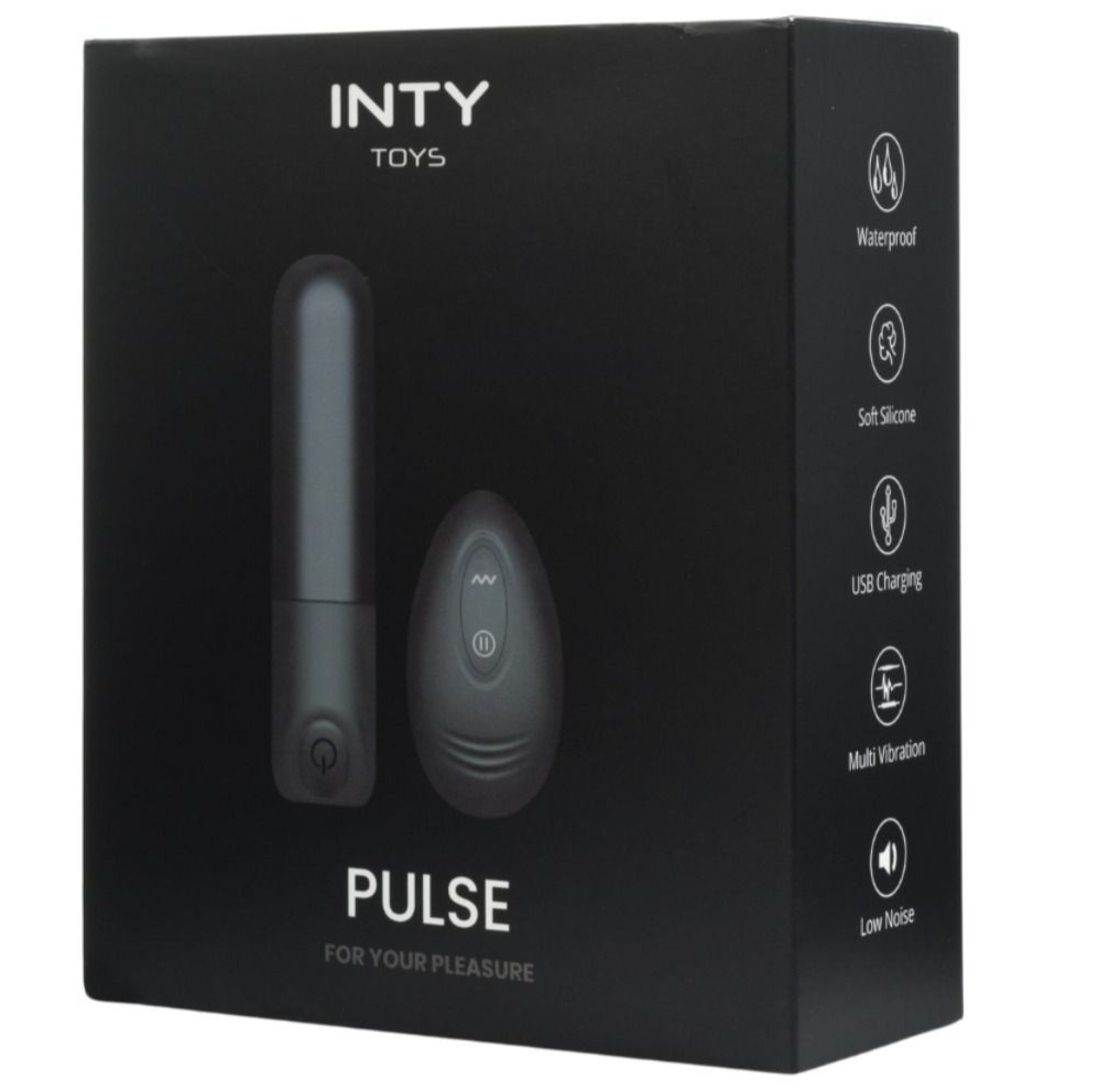 Black packaging of INTY TOYS Pulse with product images and feature icons on a white background