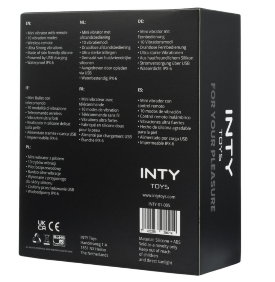 Black packaging box for INTY Toys with text and branding on a white background