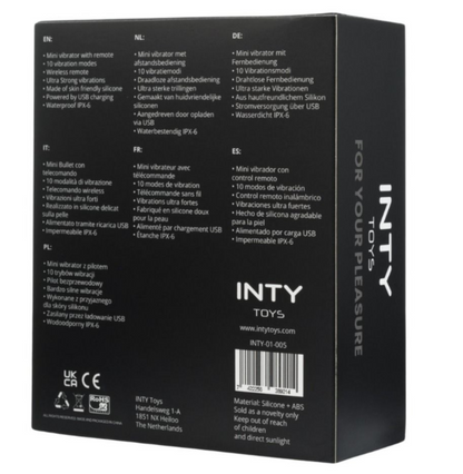 Black packaging box for INTY Toys with text and branding on a white background