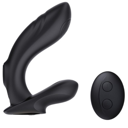 Black silicone prostate massager with remote control on a white background
