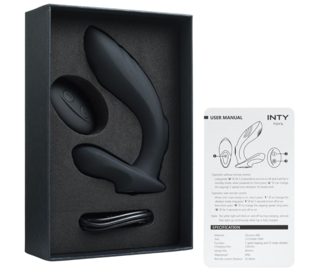 Black electronic device in packaging with user manual on a white background