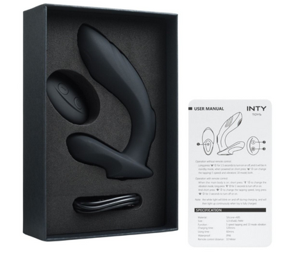 Black electronic device in packaging with user manual on a white background