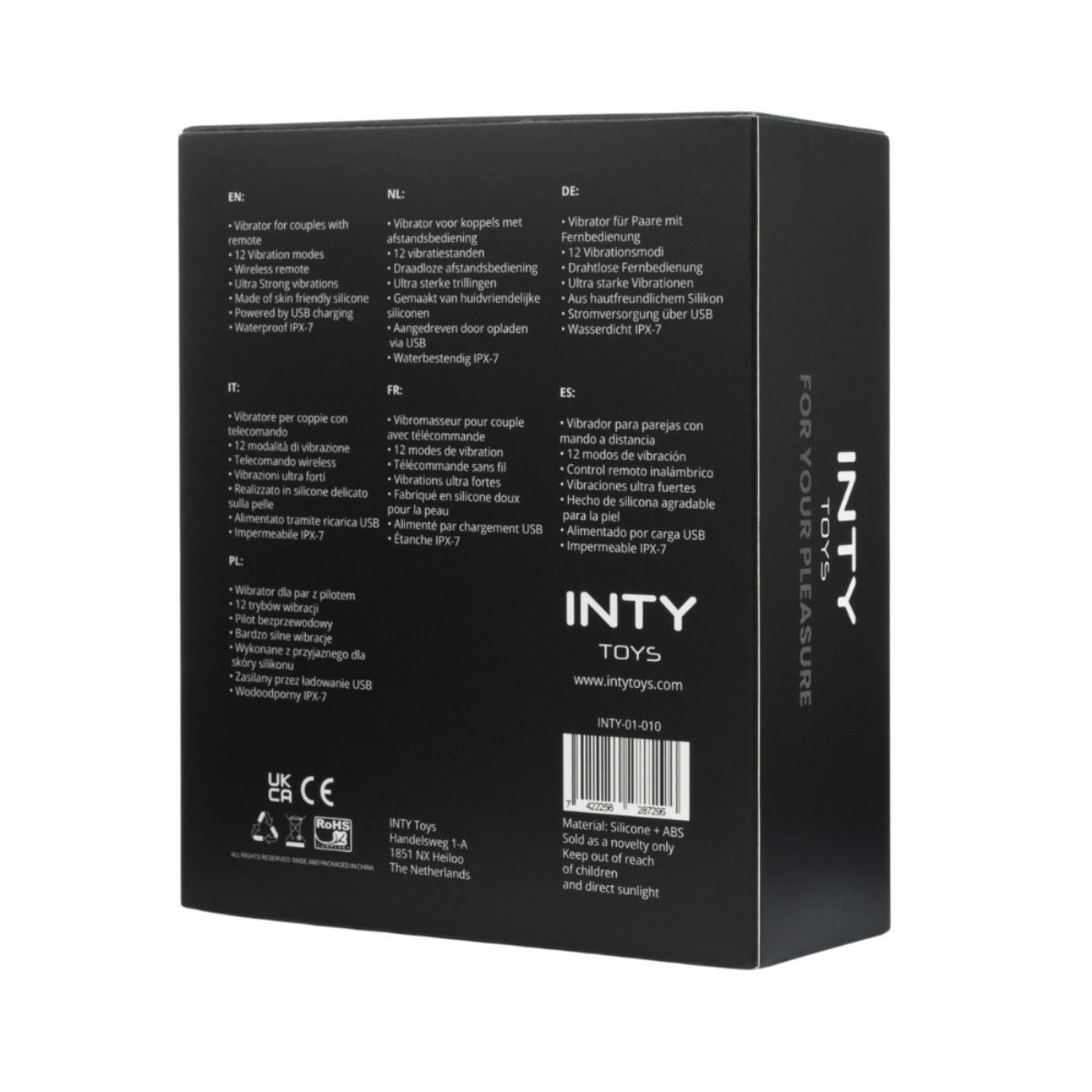 Black packaging box with text and branding for INTY Toys on a white background