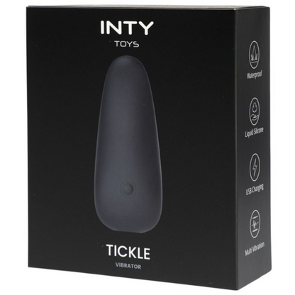 Black packaging of INTY TOYS Tickle vibrator with product image and features on a white background