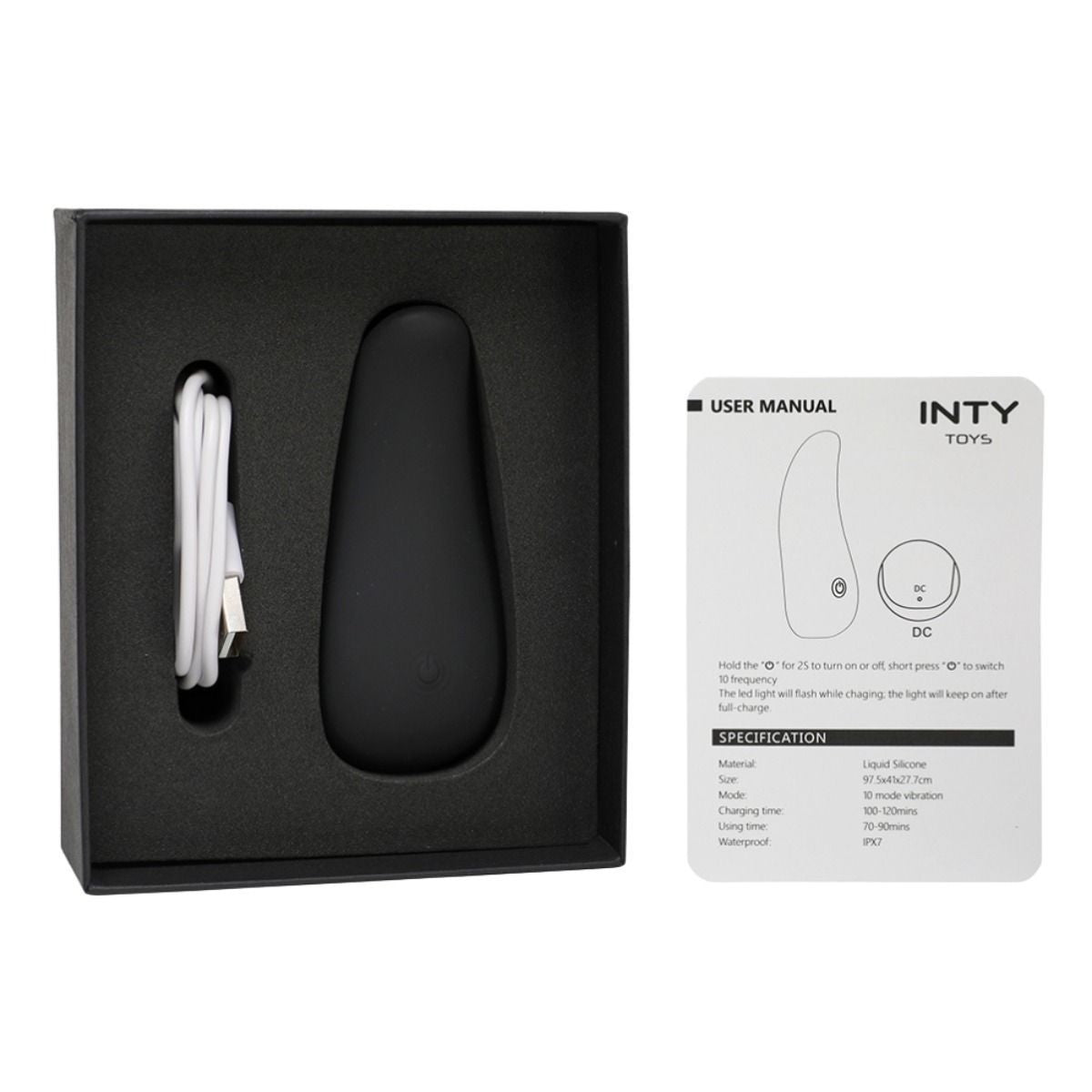 Black Inty Tickle vibrator with USB cable and user manual on a white background