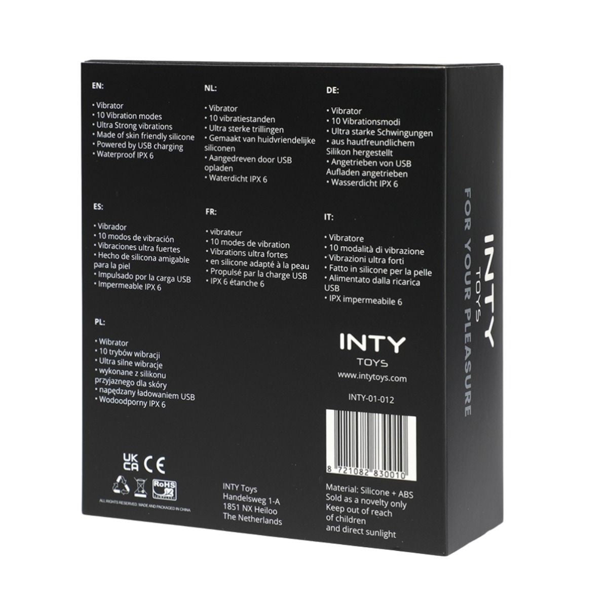 Black packaging box with text and branding for INTY Toys on a white background