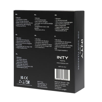 Black packaging box with text and branding for INTY Toys on a white background