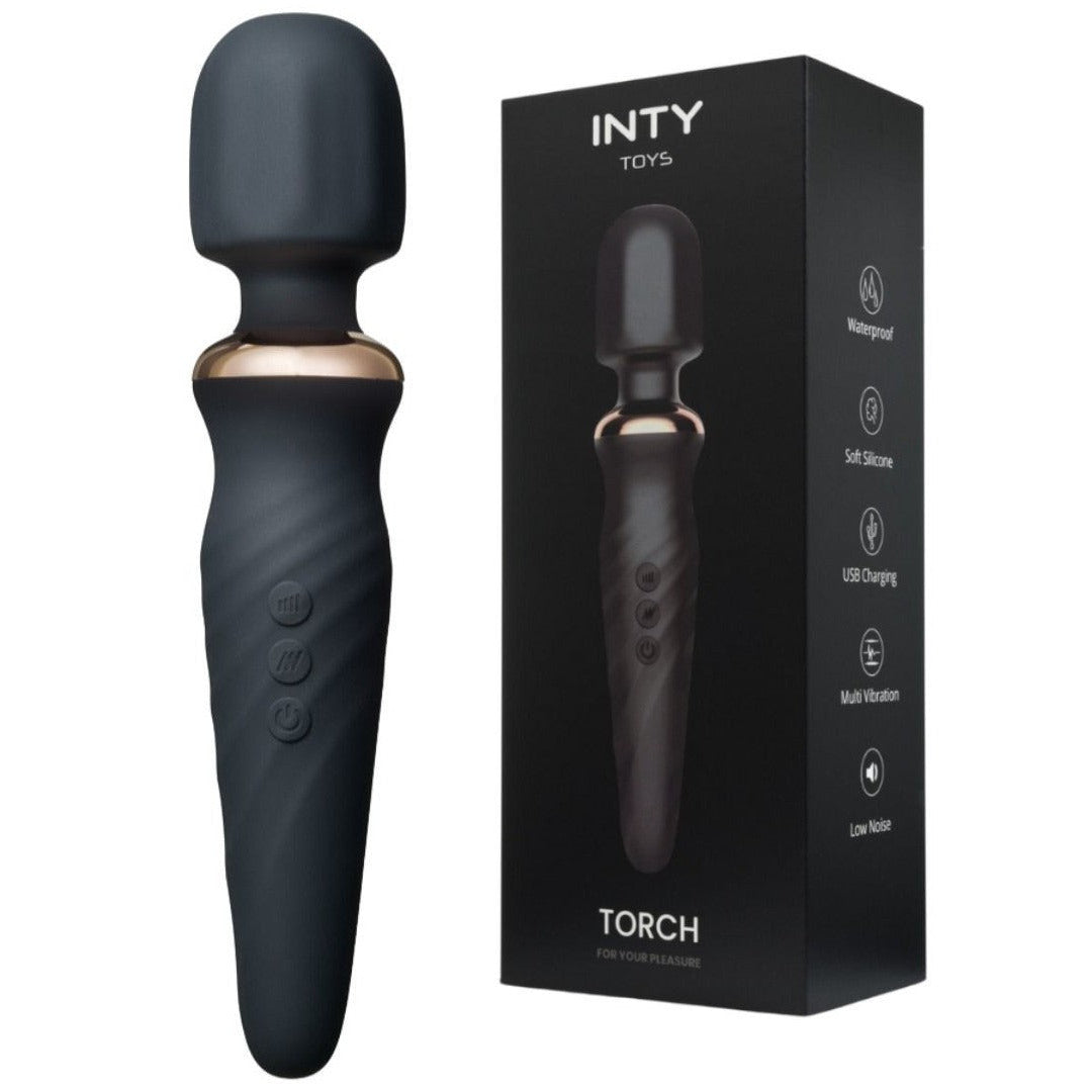 Black handheld massage wand with packaging labeled 'INTY TOYS' on a white background